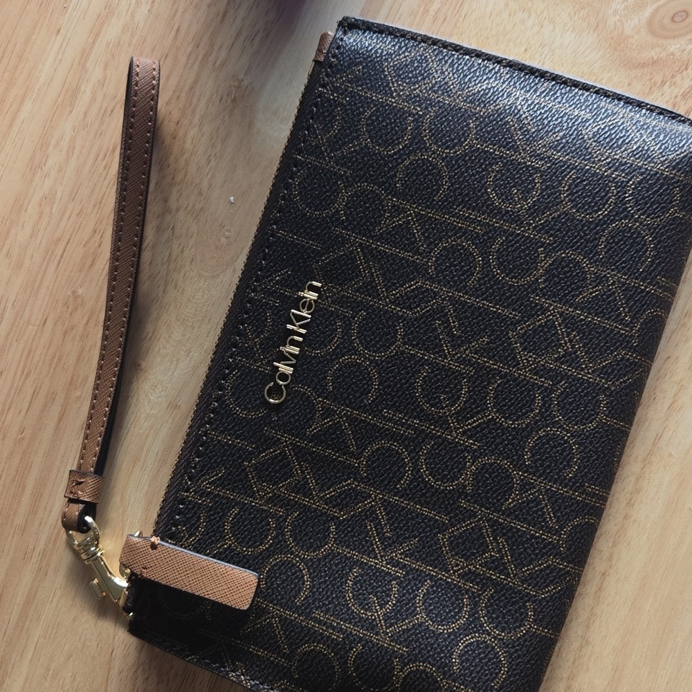 Calvin Klein Black and Tan Monogram Wristlet